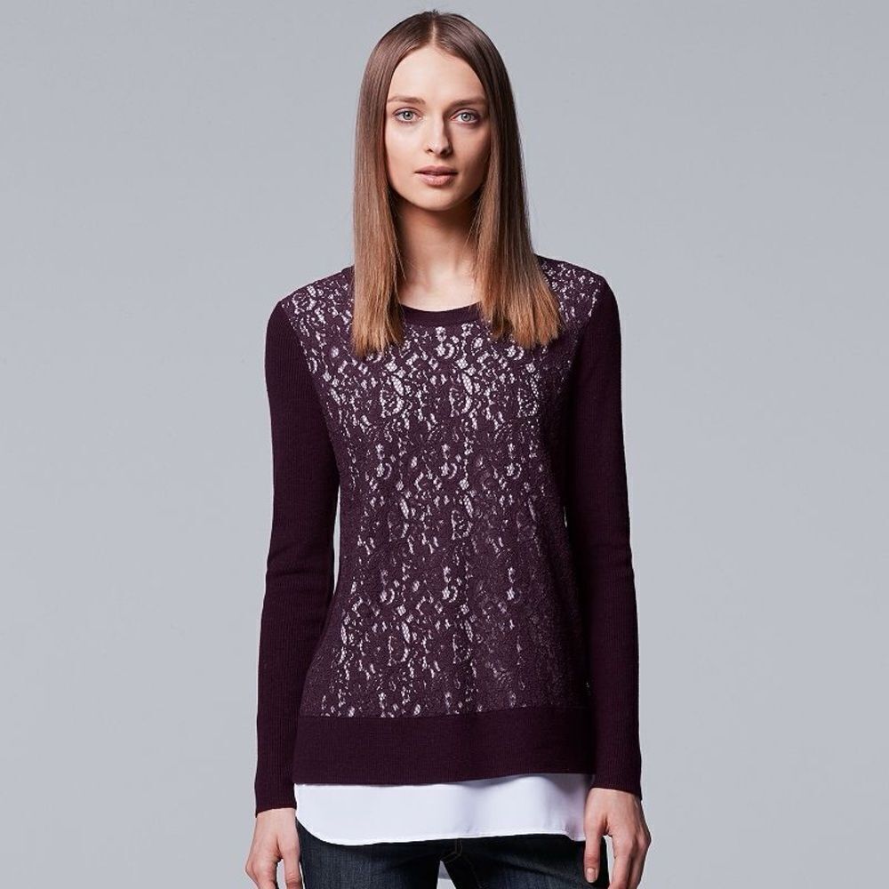 Simply Vera Wang Mock Layer Lace Sweater Plum Color Size M